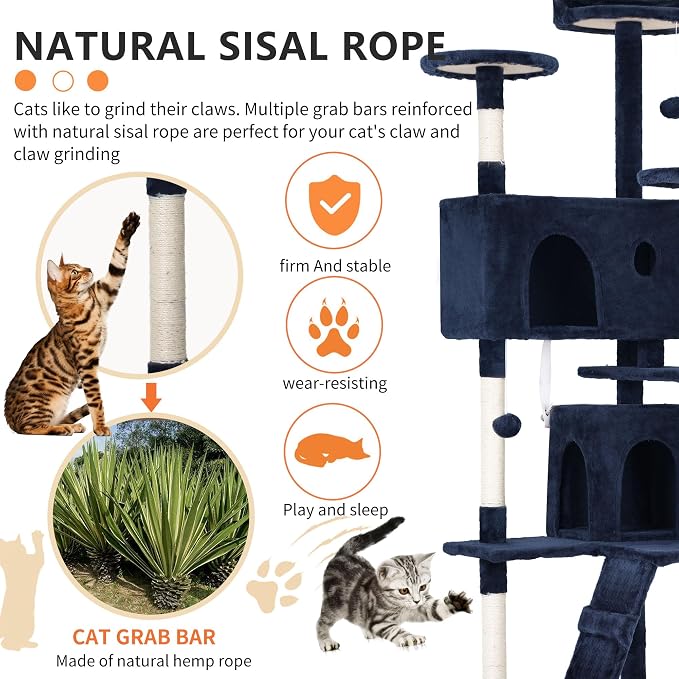 BestPet | 70" Cat Tree Tower | Navy Blue | Sturdy, Hanging Cat Toys, - Image 4