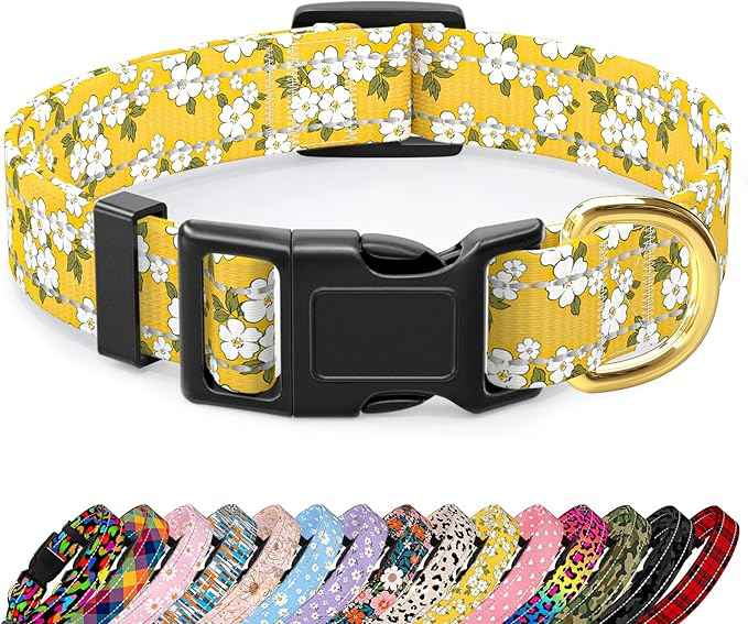 Reflective Dog Collar for Medium Dogs, Cute Flower Theme Adjustable Heavy-Duty
