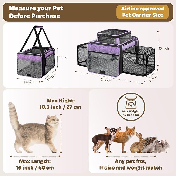 Top and 2 Sides Expandable Cat Carrier 18x11x11, TSA Airline Approved Dog - Image 4