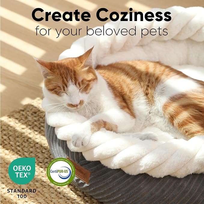 FUKUMARU Cat Bed, Calming Donut Dog Beds, Plush Faux Fur&Corduroy Cat Beds - Image 2