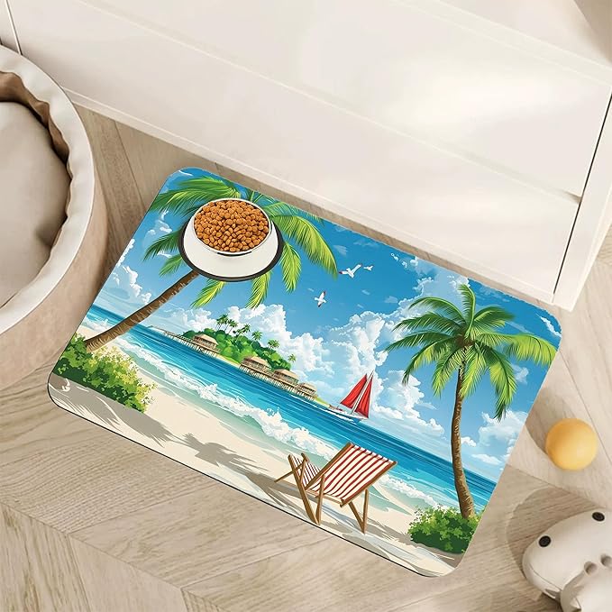 Tropical Beach Dog Food Mat for Floors, Hawaii Palm Tree Absorbent Quick-Dry by Unknown