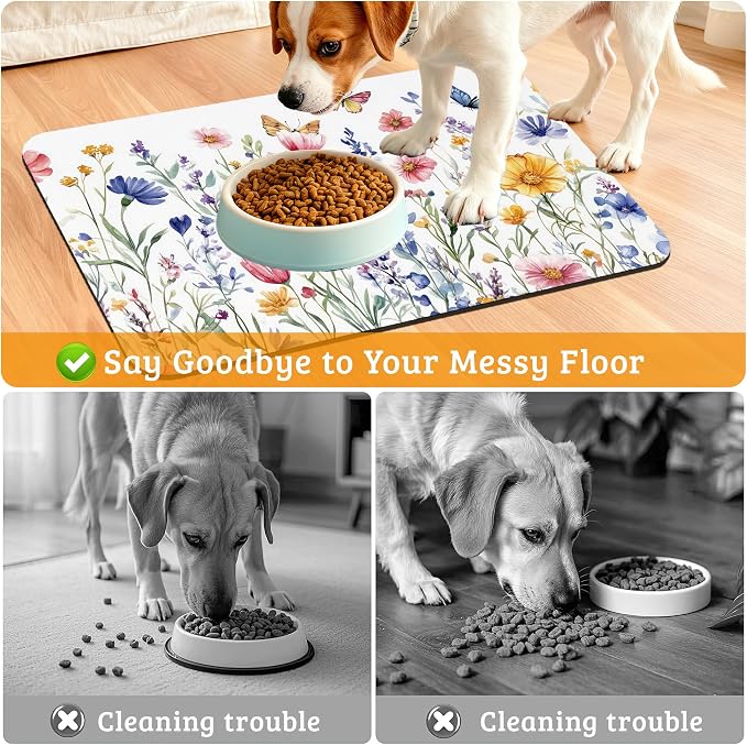 Flowers Butterfly Dog Food Mat, Colorful Absorbent Pet Feeding Mat - Image 4