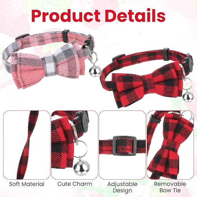 6Pcs Cats Bowtie Collar with Bell, Breakaway Cats Collars, Classic Plaid Kitten - Image 3