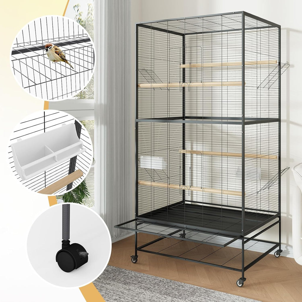 66-Inch Wrought Iron Parrot Flight Cage with Rolling Stand - GlobalHabitat Supply