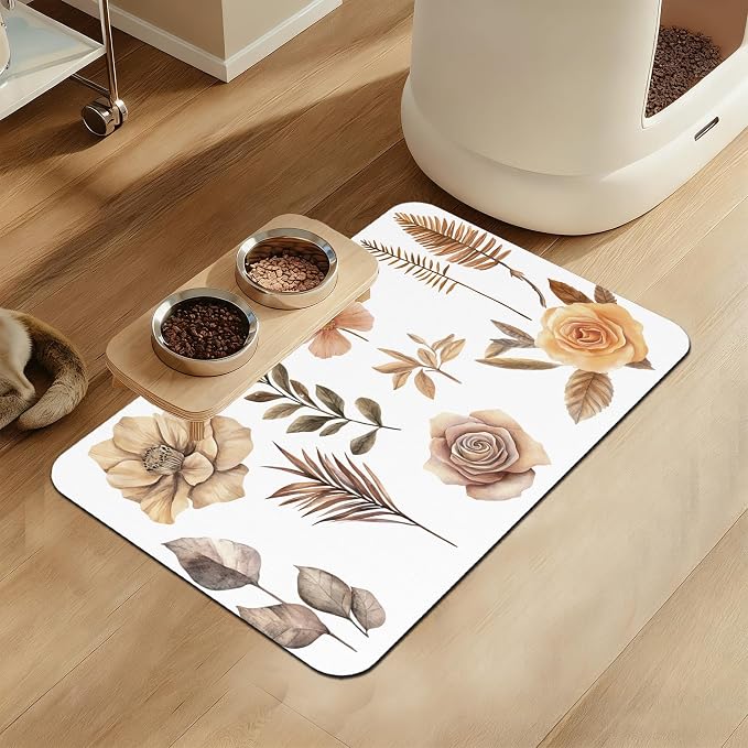 Floral Palm Leaves Dog Cat Food Mat–Christmas Stocking Absorbent Waterproof by LUTASER