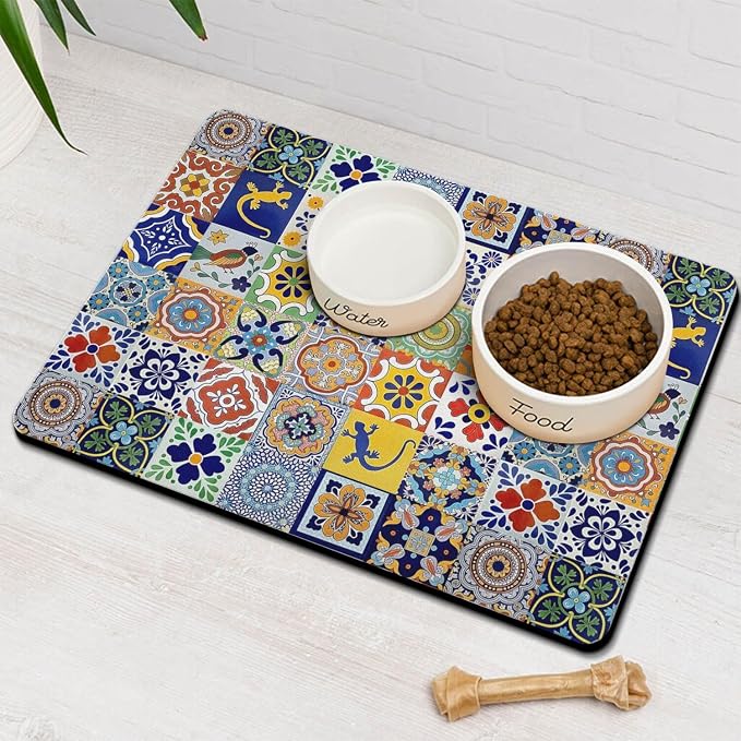 Moroccan Trellis Dog Food & Water Mat, Mexican Talavera Boho Colorful Pet by Stunnoosy