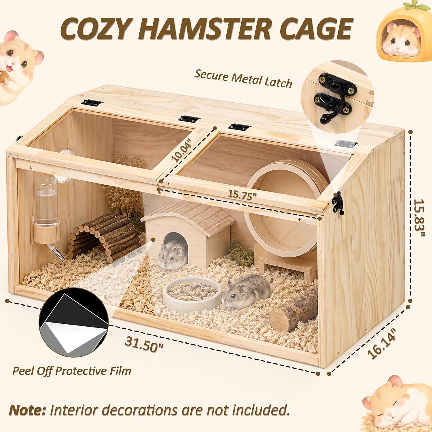 32" Large Wooden Hamster Cage with Acrylic Panel - GlobalHabitat Supply
