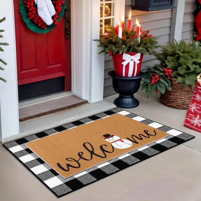 Tinideya 2 Pcs Winter Door Mat Snowman Welcome Non Slip Coir Mats Snow Black - Image 4