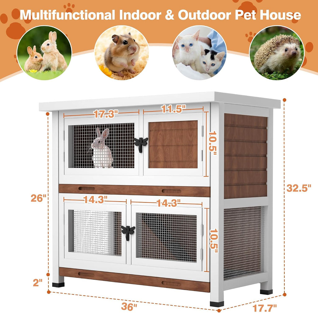 2-Story Solid Wood Rabbit Hutch with Removable Trays, Walnut - GlobalHabitat Supply