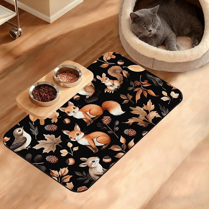 Cute Squirrel Dog Cat Food Mat, Bird Fox Absorbent Waterproof Placemat by Unknown