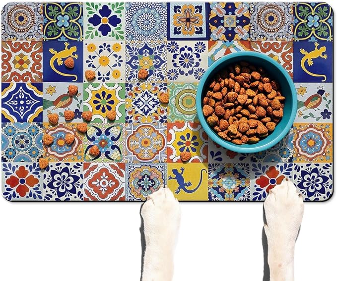 Moroccan Trellis Dog Food & Water Mat, Mexican Talavera Boho Colorful Pet - Image 2