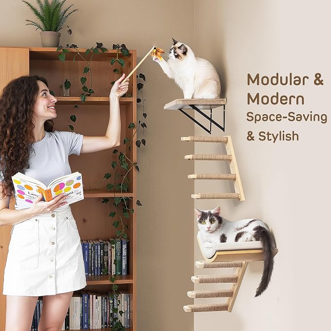 Cat Climbing Stair Shelf, Wall Mounted Ladder 2PCS 4 Steps Reversible Left & - Image 3