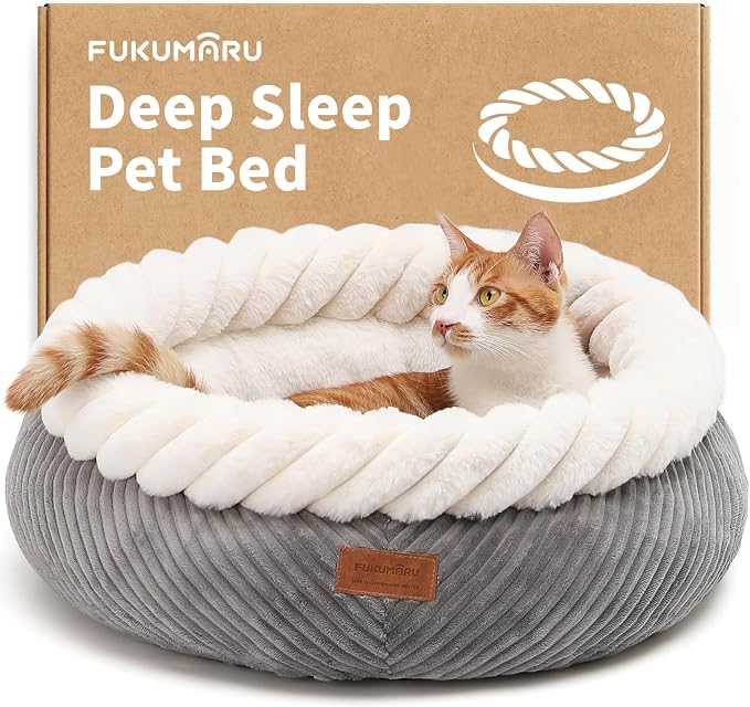 FUKUMARU Cat Bed, Calming Donut Dog Beds, Plush Faux Fur&Corduroy Cat Beds by FUKUMARU