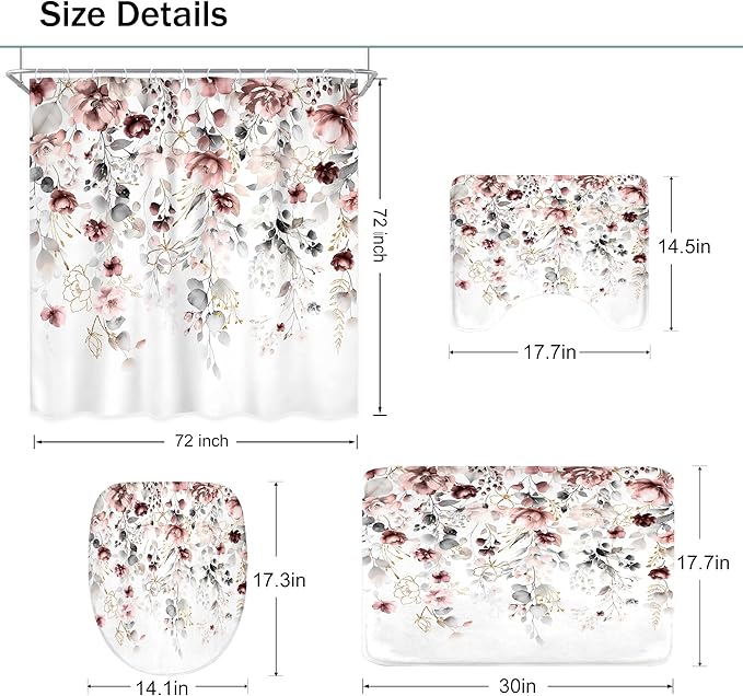 4 PCS Pink Floral Flower Shower Curtain Set 72Wx72H Inch Watercolor Pastel - Image 5