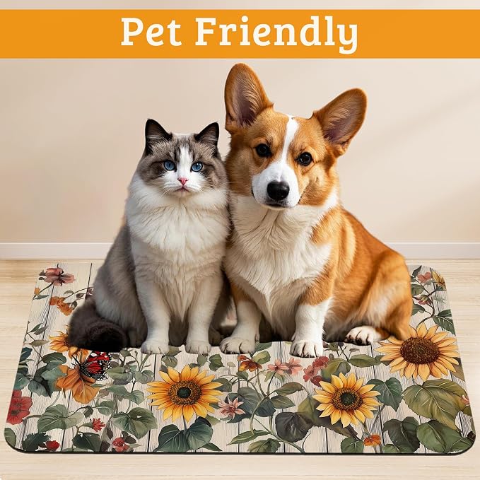 Pet Feeding Mat, Vintage Flower Absorbent Dog Cat Food Mat Rustic Wooden Dog Mat - Image 2