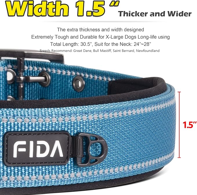 Fida Heavy Duty Dog Collar 1.5” Width, Ultra Soft Neoprene Padded, Adjustable - Image 2