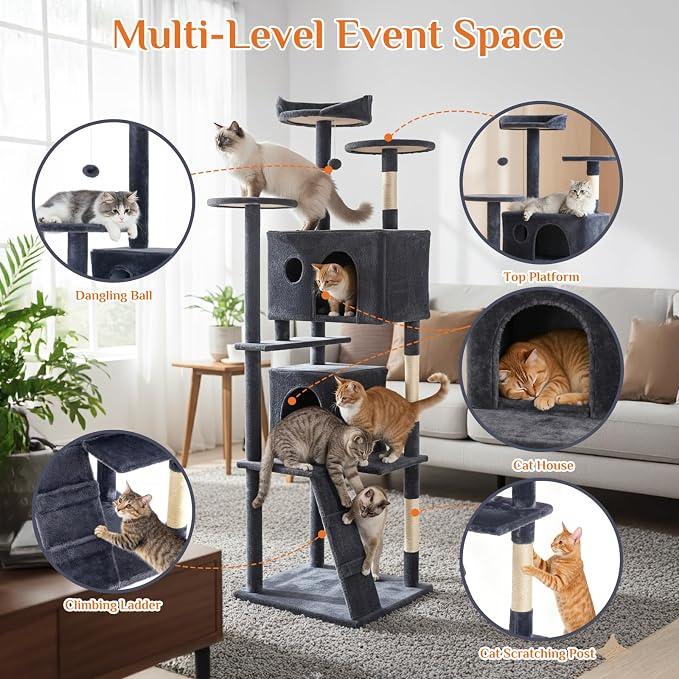 DUMOS 70-inch Indoor Cat Tree Tower –Multi-Level Pet House - Image 3