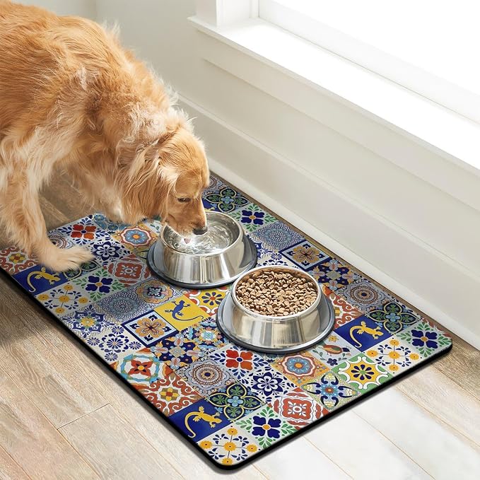 Moroccan Trellis Dog Food & Water Mat, Mexican Talavera Boho Colorful Pet - Image 3