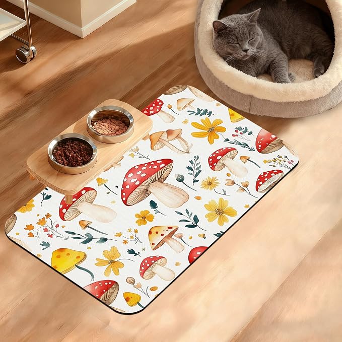 Pet Feeding Mat, Mushroom Absorbent Dog Cat Food Mat Flowers Dog Mat by Unknown