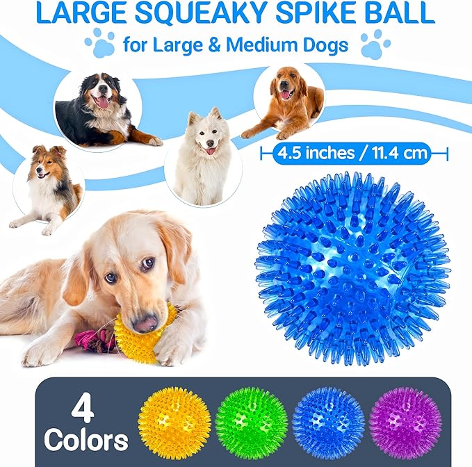 4-Pack Large Squeaky Dog Balls, 4.5" Rubber Spiky Dog Balls - Image 2