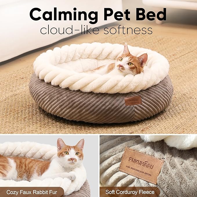 FUKUMARU Cat Bed, Calming Donut Dog Beds, Plush Faux Fur&Corduroy Kitten Beds - Image 3