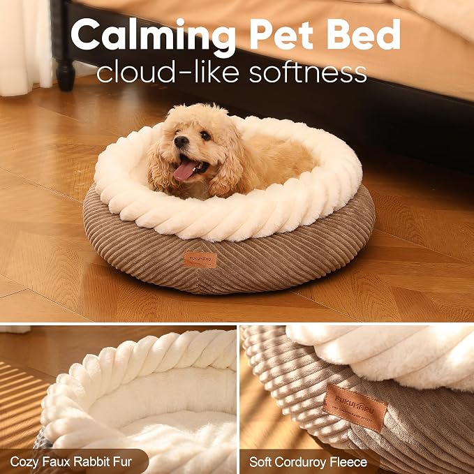 FUKUMARU Dog Bed, Calming Donut Dog Beds, Plush Faux Fur&Corduroy Cat Beds - Image 3