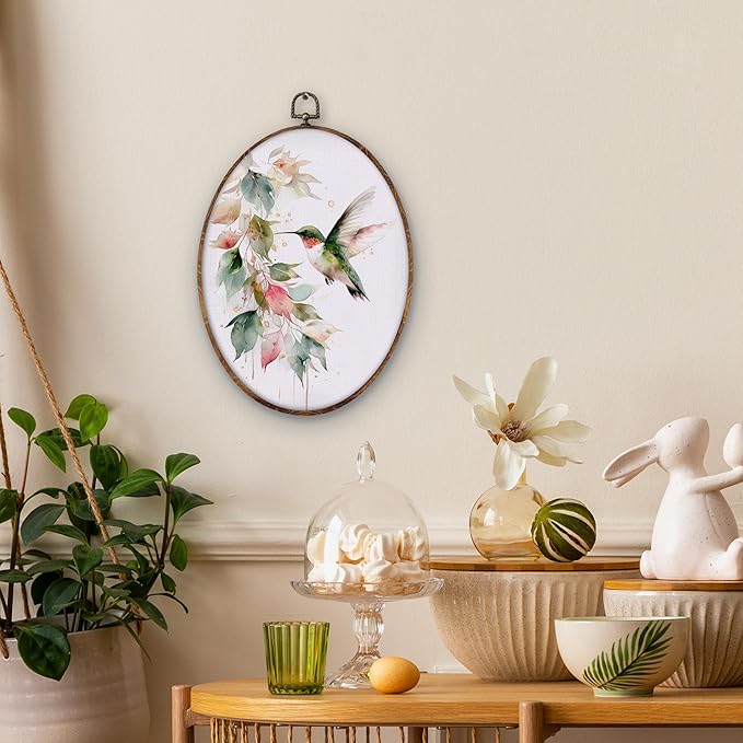 DILSJ Hummingbird Botanical Oval Wall Art Decor, Farmhouse Green Hummingbird - Image 3