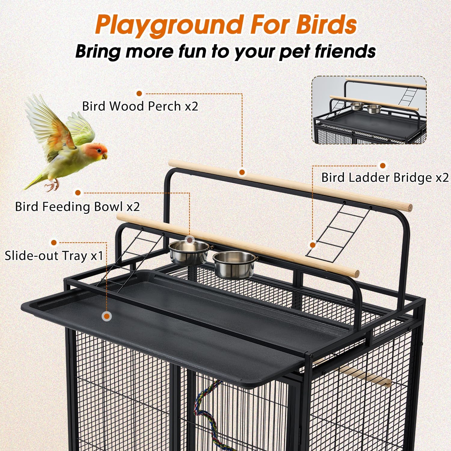 70" Large Bird Cage with Play Top and Storage Cabinet - GlobalHabitat Supply