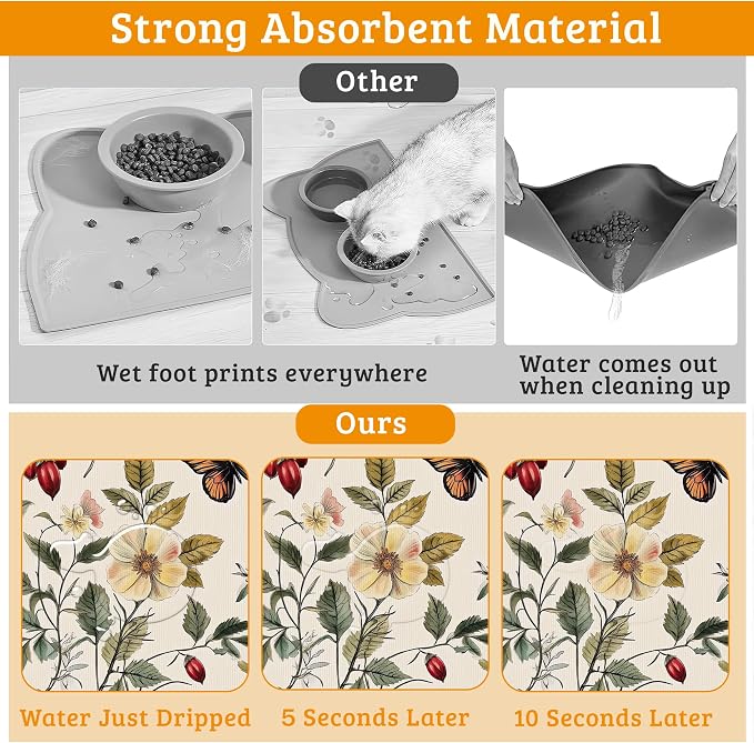 Butterfly Flower Dog Food Mat, Vintage Berry Absorbent Pet Feeding Mat - Image 3