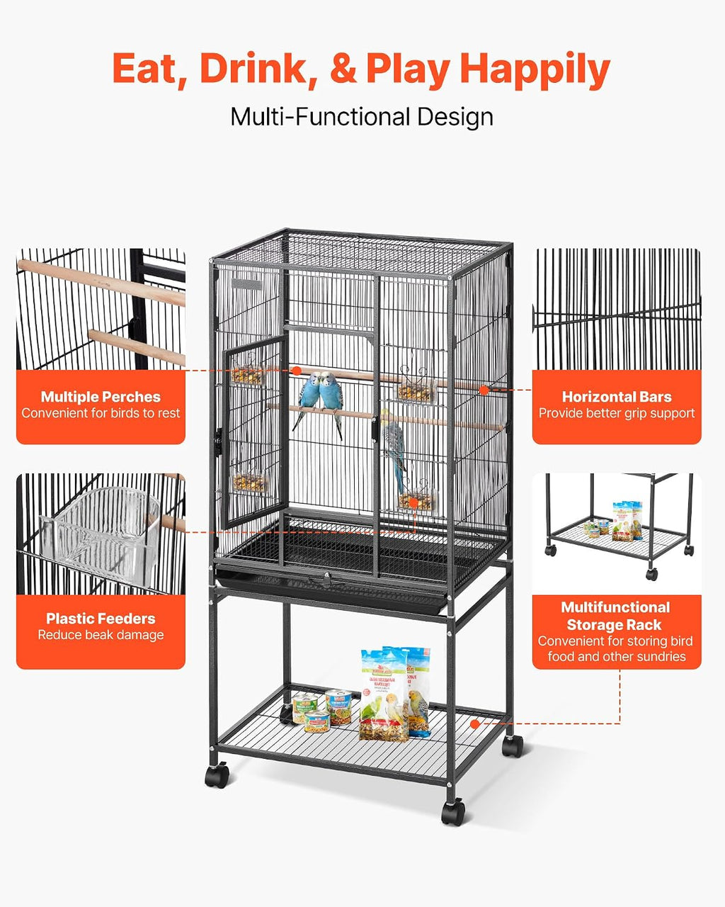 VEVOR Bird Cage, 24.6 x 16.7 x 53.9 Inch, Flat Top - GlobalHabitat Supply