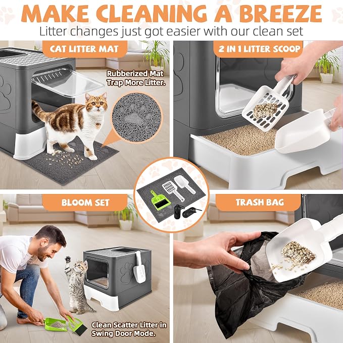 Cat Litter Box with Litter Mat, Foldable Extra Large Free in and Out/One-Way - Image 6