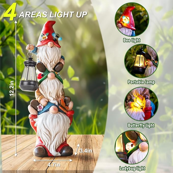 Garden Gnome Statue with Solar Lights Garden Sculptures Funny Triple Gnome - Image 4