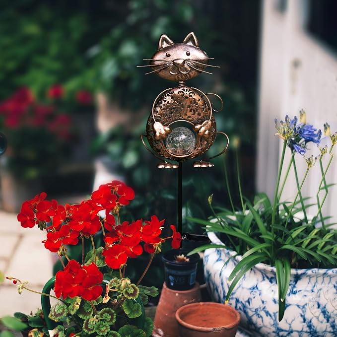 KAIXOXIN Garden Solar Lights Metal Cat Crackle Glass Globe Stake Light - Image 4