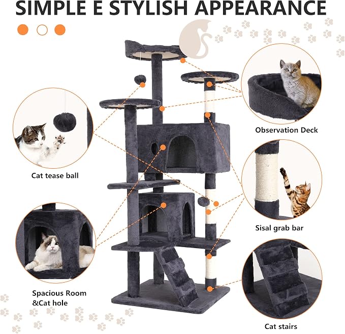 BestPet | 54" Cat Tree Tower | Ashy | Sturdy, Hanging Cat Toys, Observation - Image 6