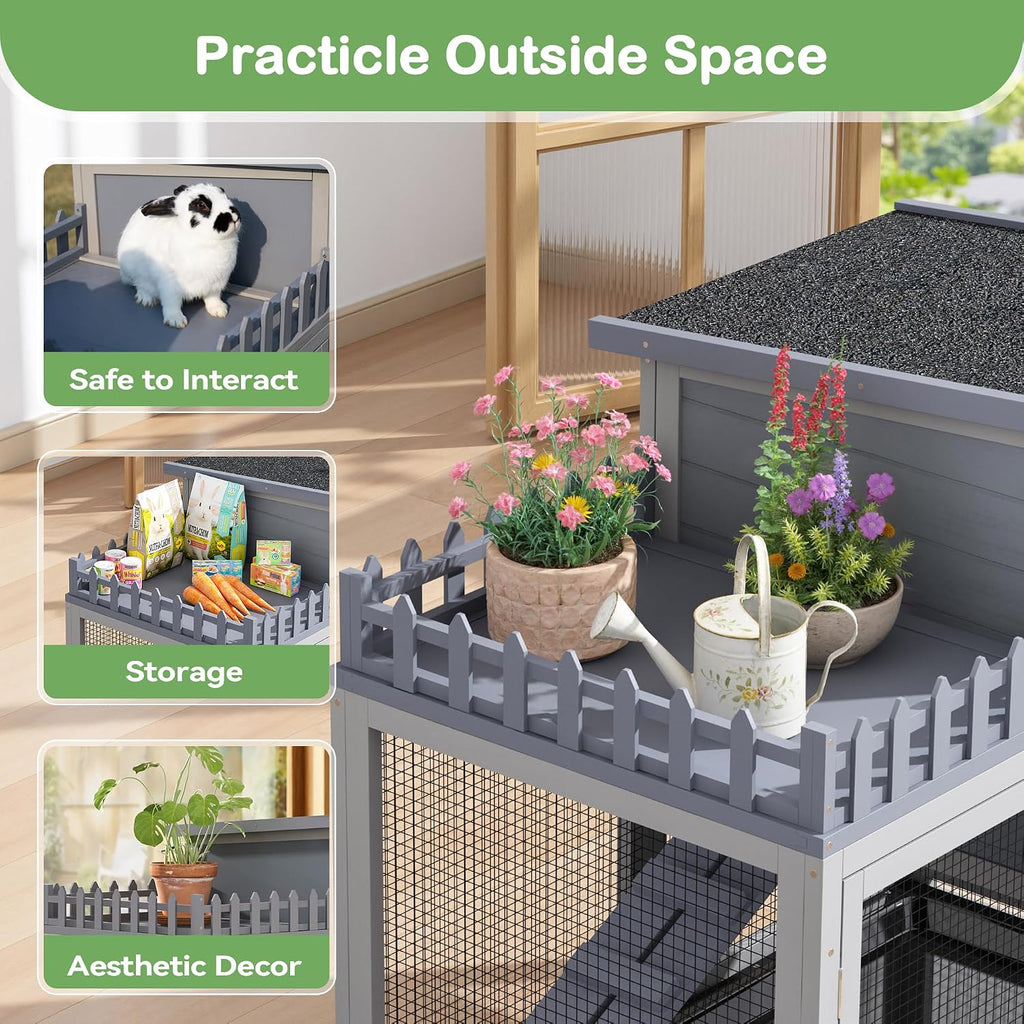 Wood Rabbit Hutch with Balcony and Pull-Out Tray - GlobalHabitat Supply