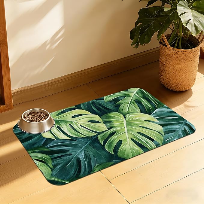 Tropical Palm Leaves Pet Feeding Mat, Absorbent Quick-Dry Dog Cat Bowl Mat by QSOQSO