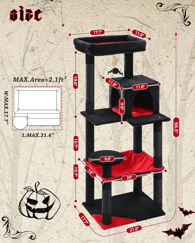 Gothic Cat Tree with Super Large Hammock, 56.3" Black Cat Tower with Coffin Bed - Image 5