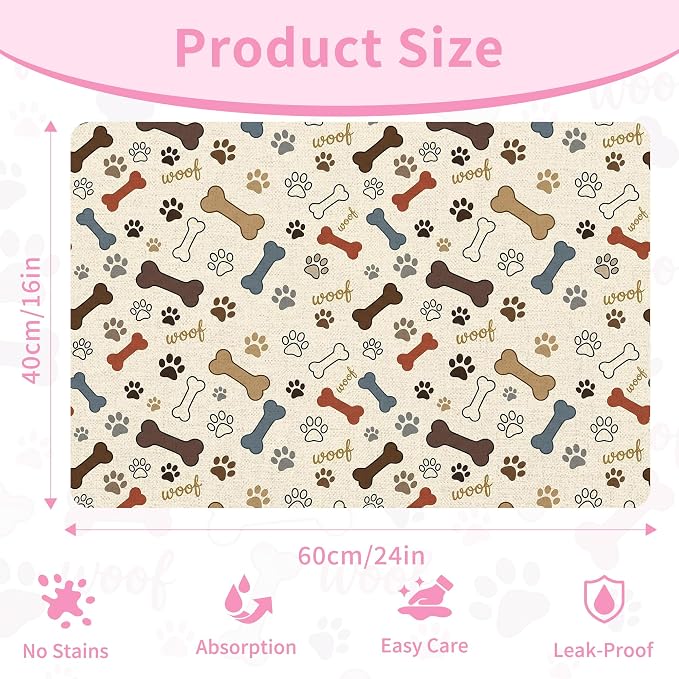 Dog Feeding Mat 24 x 16 Inch, Neutral Paw Bone Woof Dog Placemat Absorbent - Image 2