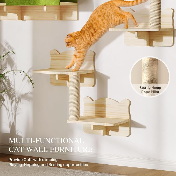 Cat Wall Shelves, 7-in-1 Solid Wood Wall-Mounted Cats Furniture Set - Image 4