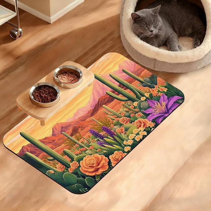 Pet Feeding Mat, Cactus Absorbent Dog Cat Food Mat Desert Dog Mat by Unknown