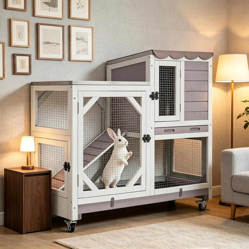 GUTINNEEN 2-Story Rabbit Cage with 4 Swivel Casters, Grey - GlobalHabitat Supply