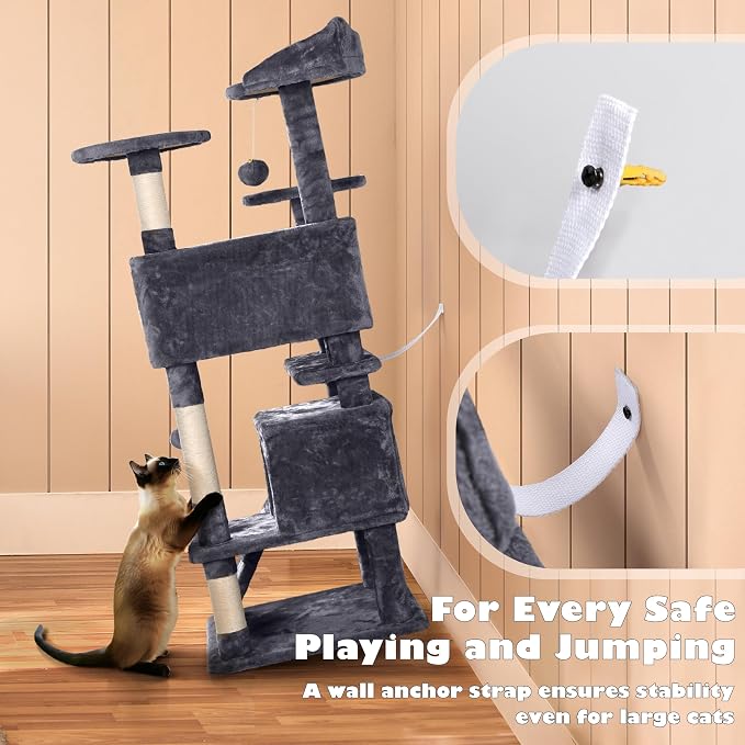 Yaheetech 54in Cat Tree, 2 Cozy Caves, Scratching Posts, Climbing Ladder - Image 9
