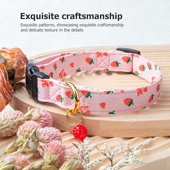 Cotton Handmade Dog Collar Cute and Distinctive Patterns Pink Strawberries - Image 5