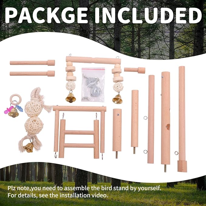 QBLEEV Bird Cage Play Stand Toy Set-Birdcage Wood Stands Hanging Chew Toys - Image 5