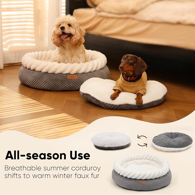FUKUMARU Dog Bed, Calming Donut Dog Beds, Plush Faux Fur&Corduroy Cat Beds - Image 5