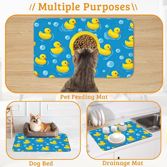Yellow Rubber Ducks Dog Food Mat, Soap Bubbles Absorbent Pet Feeding Mat - Image 7