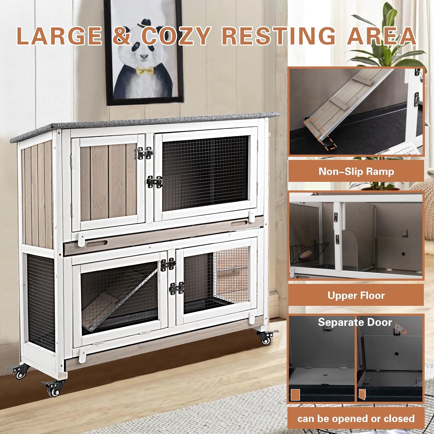 Gowoodhut 36" 2-Story Rabbit Hutch with 4 Wheels, Grey - GlobalHabitat Supply