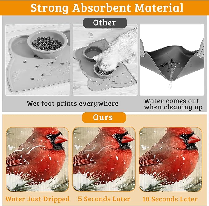 Pet Feeding Mat, Cardinal Bird Absorbent Dog Cat Food Mat Christmas Dog Mat - Image 3