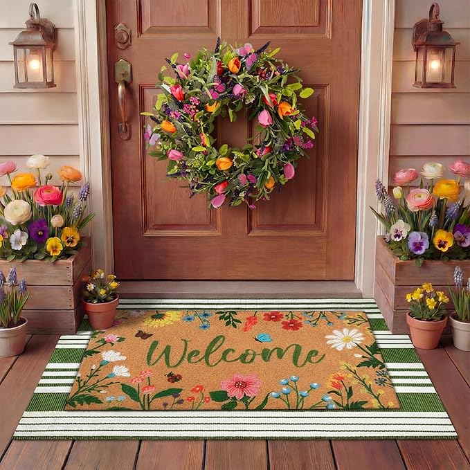 Tinideya 2 Pcs Spring Welcome Door Mat Floral Outdoor Layered Doormats by Tinideya