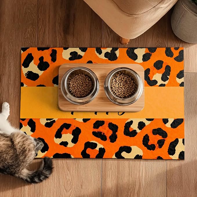 Puppy Feeding Mat 20x12 inch Orange Leopard Print Dog Bowl Placemat Non Slip Mat - Image 5